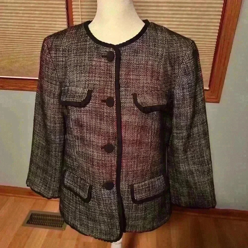 Talbots Collection Size 10 Black and White Tweed Career Blazer Button Up